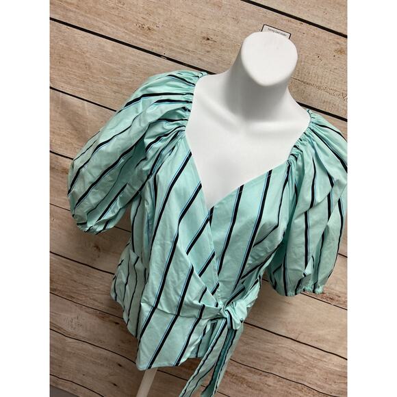 Worthington Womens Wrap Style Shirt Size Medium New Blouse Blue Striped TOp - Picture 3 of 14